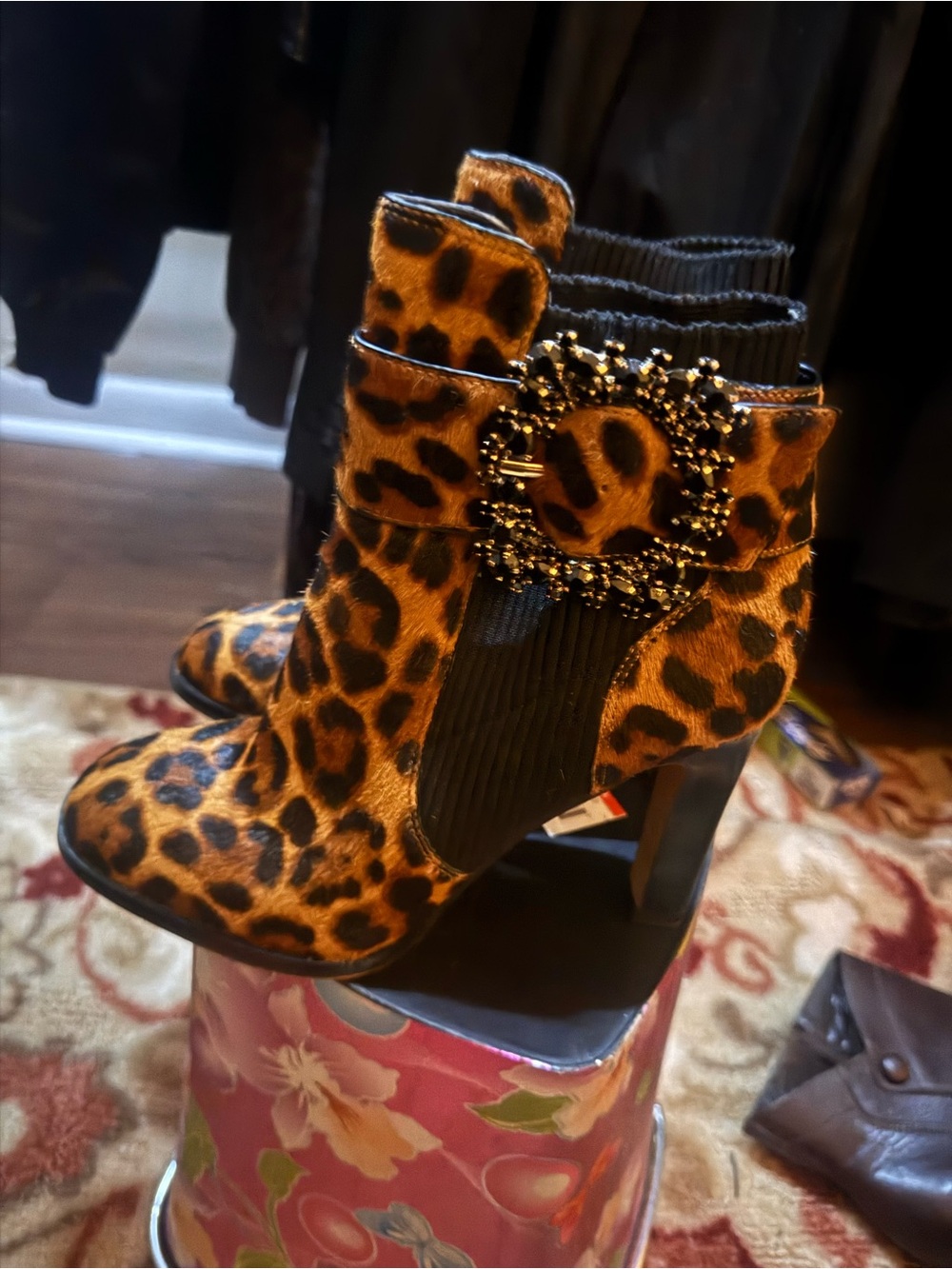 Leather sole, Real Cow Fur Dyed Leopard Ankle Boots with Decorative Buckle Wom